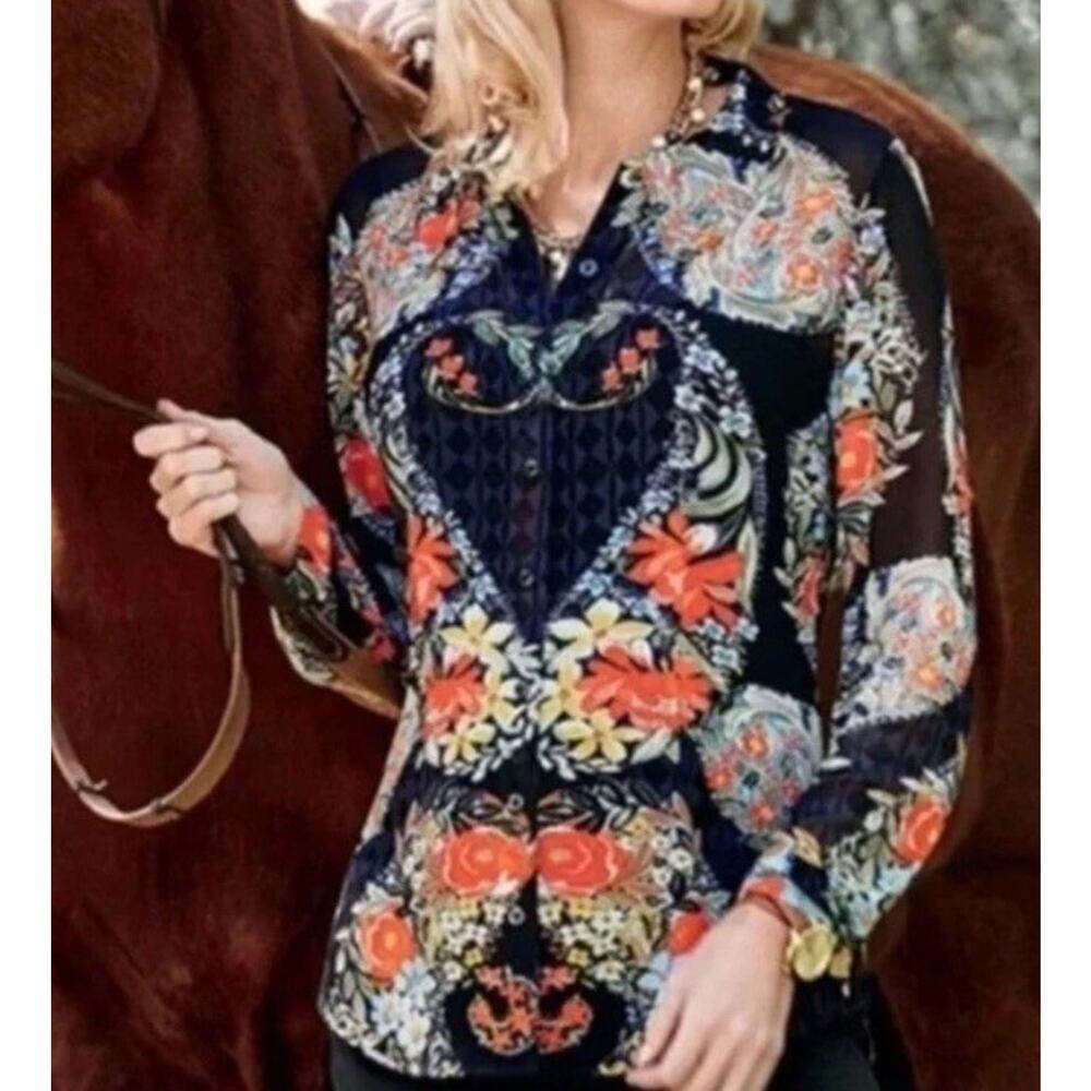 Cabi Top Womens Medium Armour Floral Print Button Up Sheer Long Sleeve 3072 CL